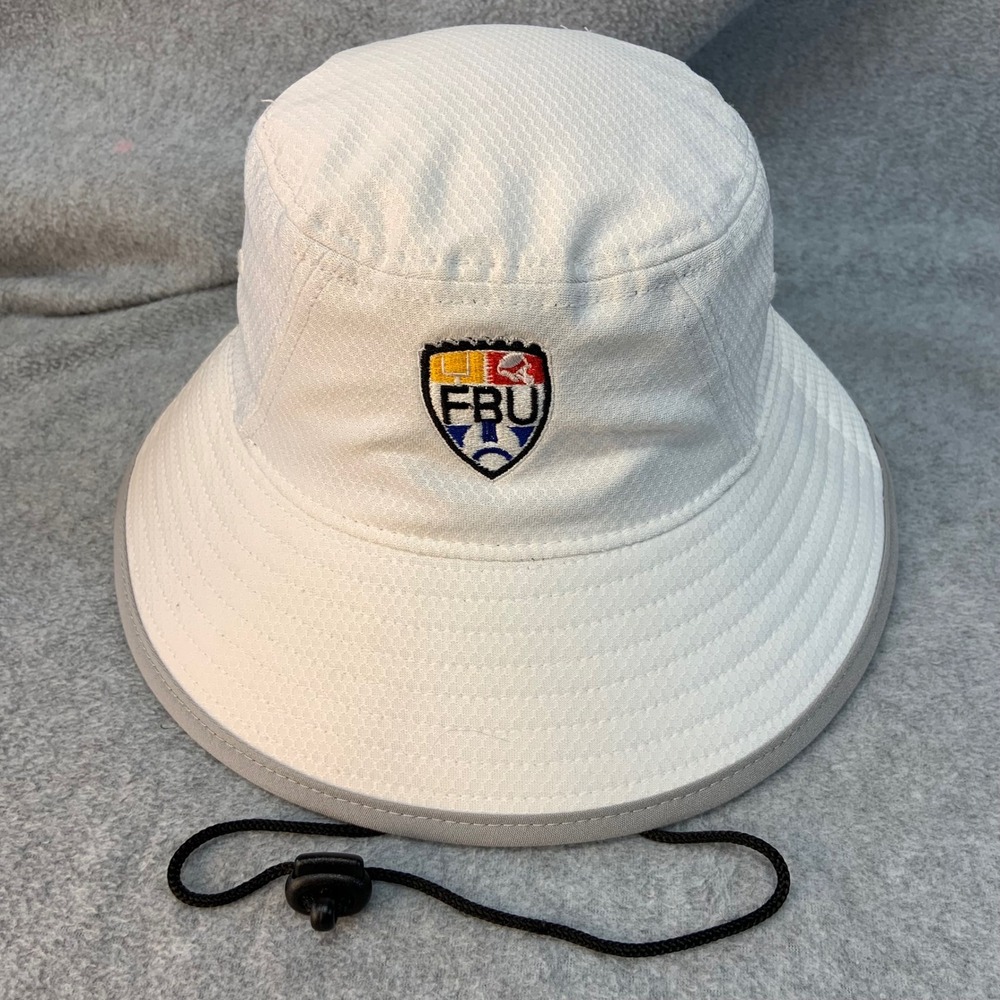 FBU Shield Logo Mens White New Era Bucket Hat Adjustable Chin Strap L/XL